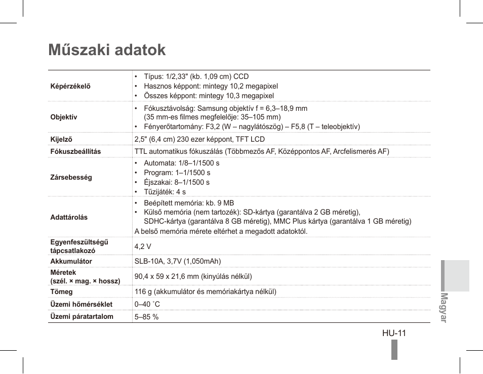 Műszaki adatok, Magyar | Samsung ES55 User Manual | Page 81 / 112