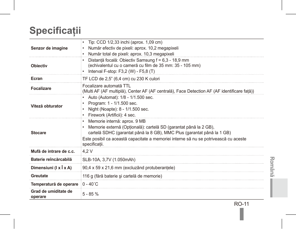 Specificaţii | Samsung ES55 User Manual | Page 91 / 112