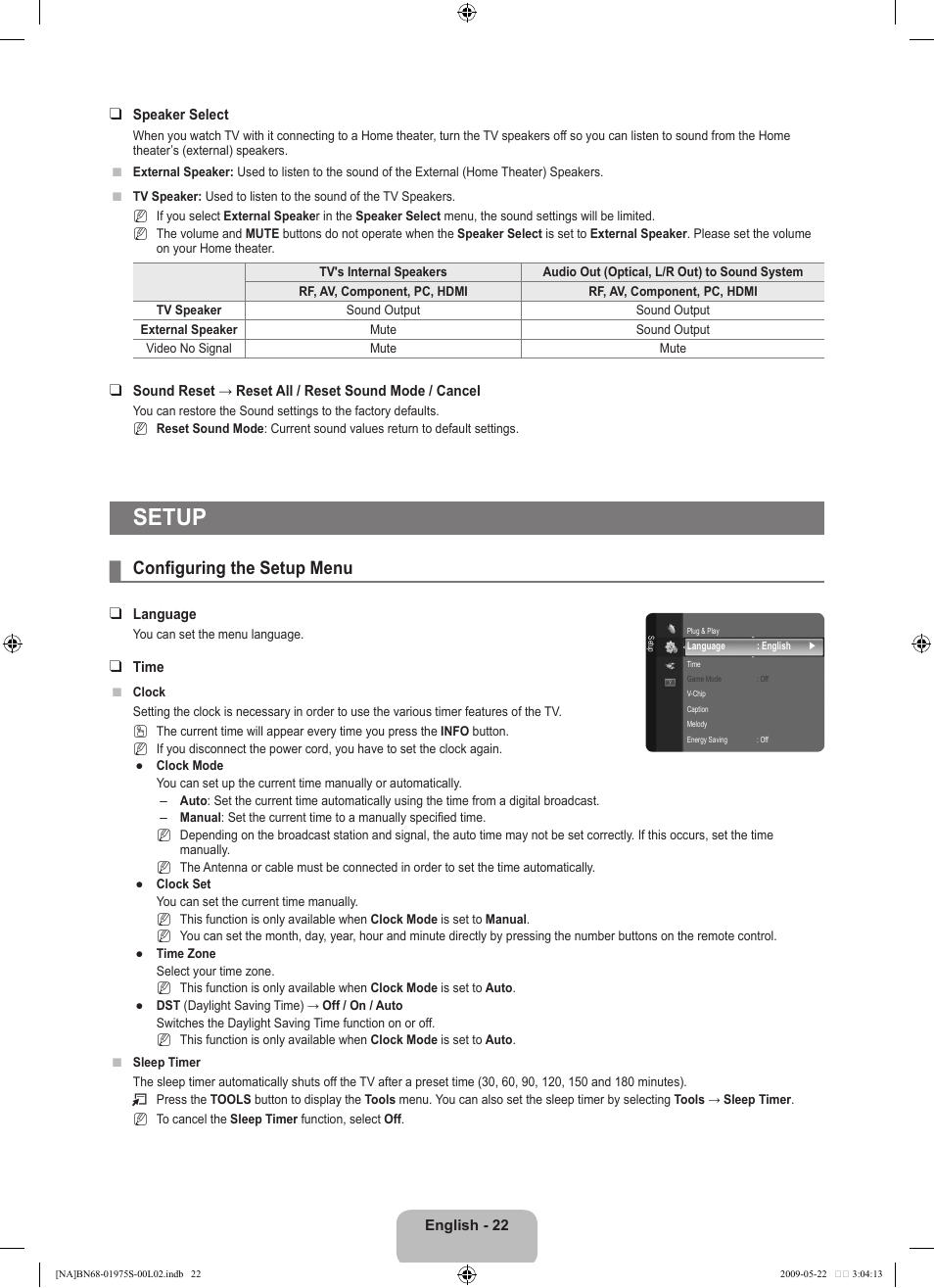 Setup, Configuring the setup menu | Samsung 350 BN68 User Manual | Page 24 / 69