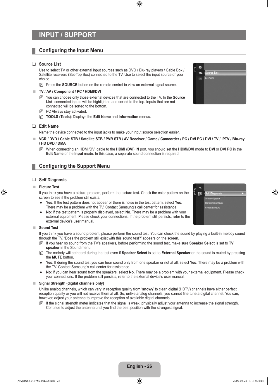 Input / suport, Configuring the input menu, Configuring the support menu | Input / support | Samsung 350 BN68 User Manual | Page 28 / 69