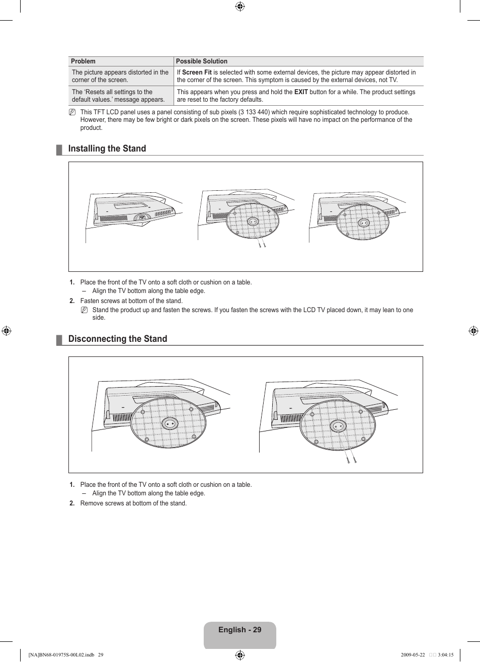 Installing the stand, Disconnecting the stand | Samsung 350 BN68 User Manual | Page 31 / 69