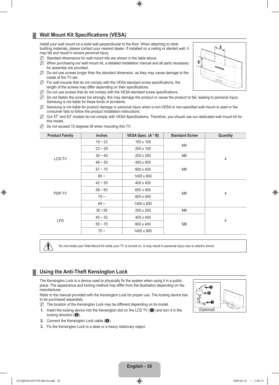Wall mount kit specifications (vesa), Using the anti-theft kensington lock | Samsung 350 BN68 User Manual | Page 32 / 69