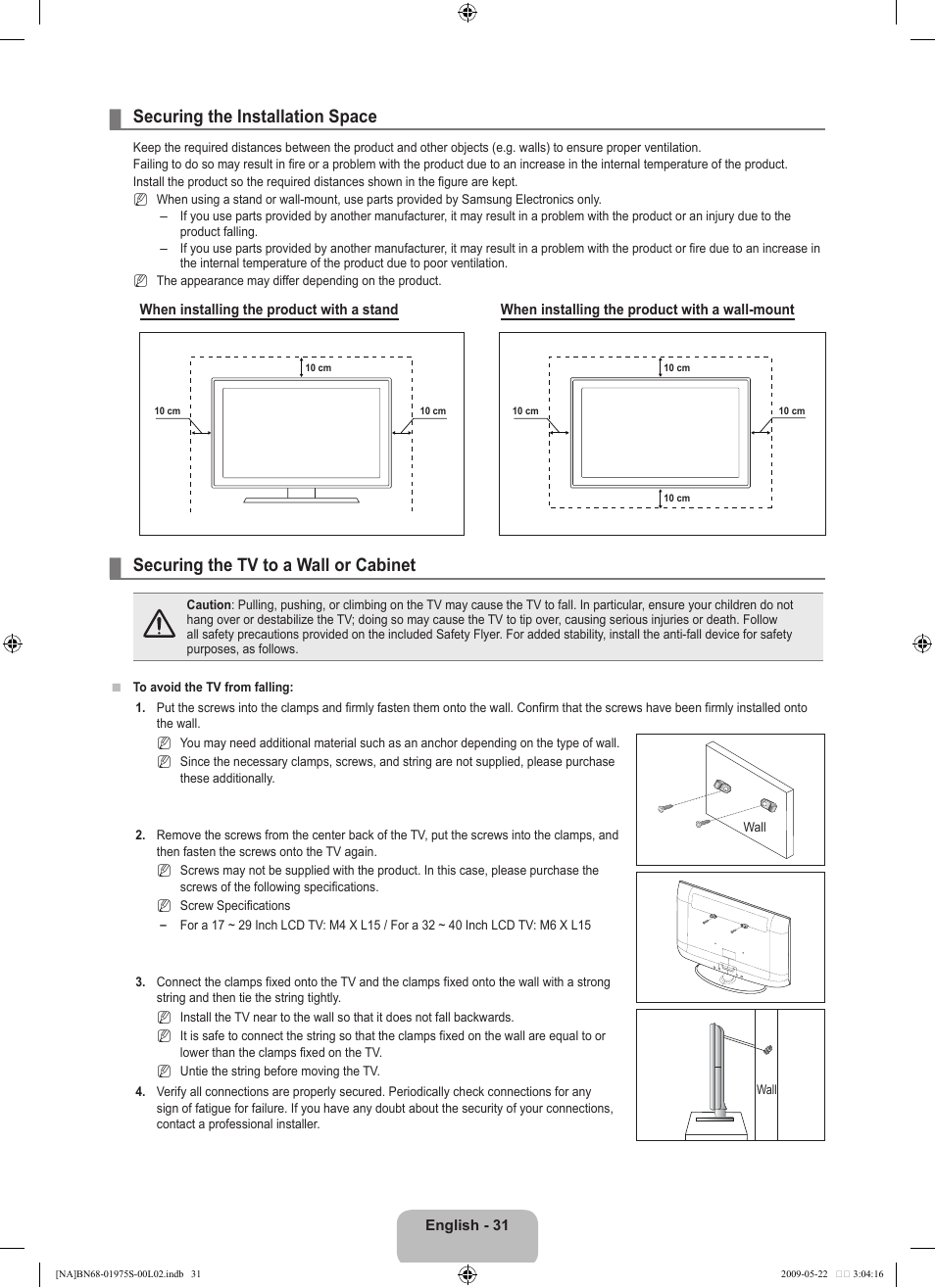 Securing the installation space, Securing the tv to a wall or cabinet | Samsung 350 BN68 User Manual | Page 33 / 69