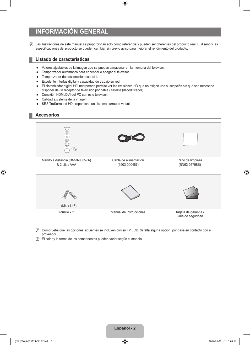 Información general, Listado de características, Accesorios | Samsung 350 BN68 User Manual | Page 38 / 69