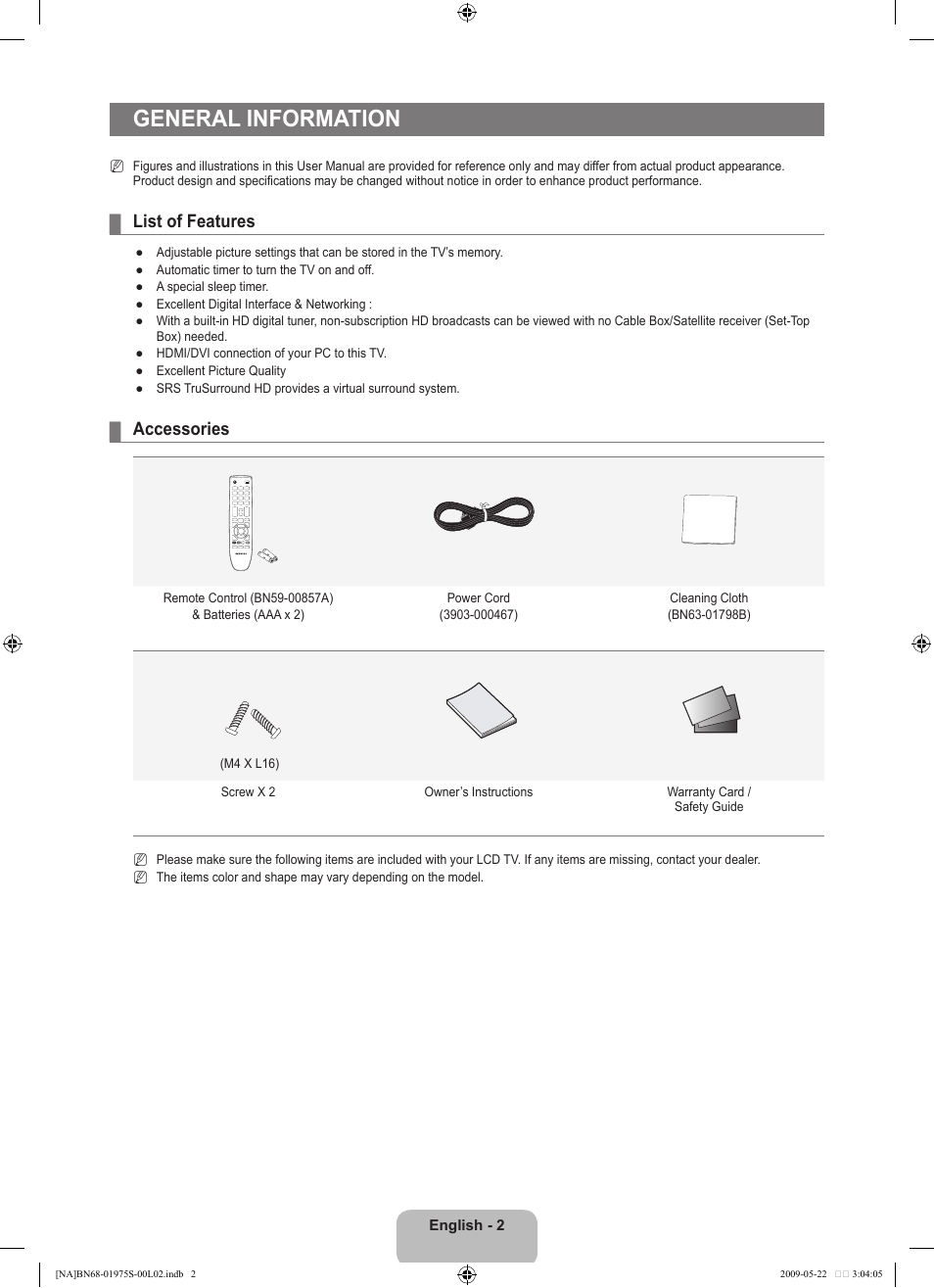 General information, List of features, Accessories | Samsung 350 BN68 User Manual | Page 4 / 69