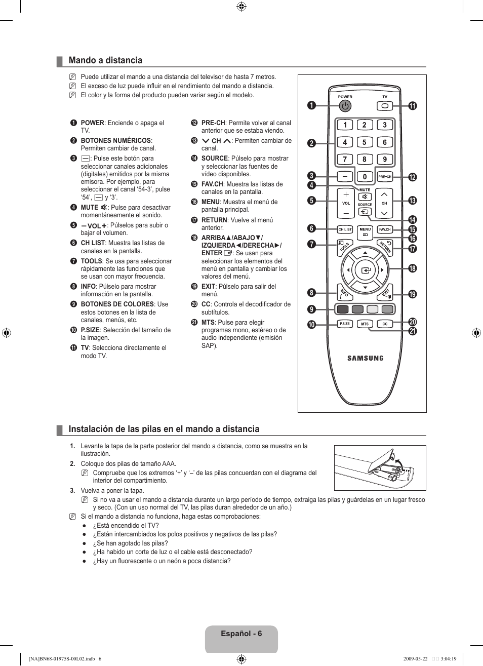 Mando a distancia, Instalación de las pilas en el mando a distancia | Samsung 350 BN68 User Manual | Page 42 / 69