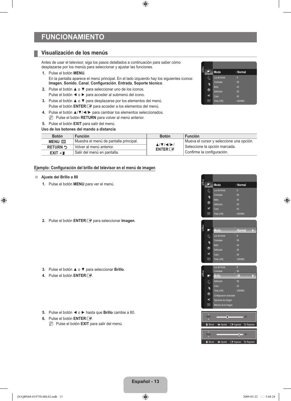Funcionamiento, Visualización de los menús, Español - 1 | Samsung 350 BN68 User Manual | Page 49 / 69