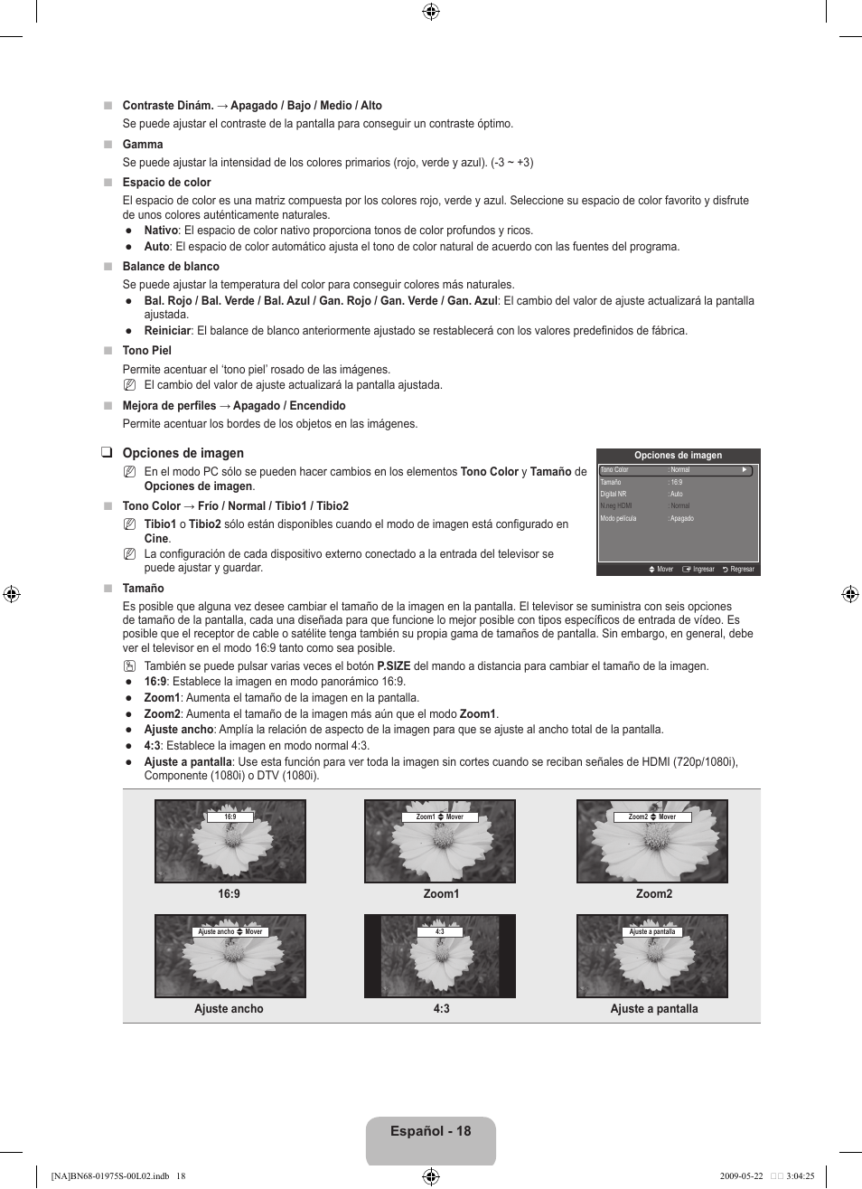 Español - 18, Opciones de imagen | Samsung 350 BN68 User Manual | Page 54 / 69