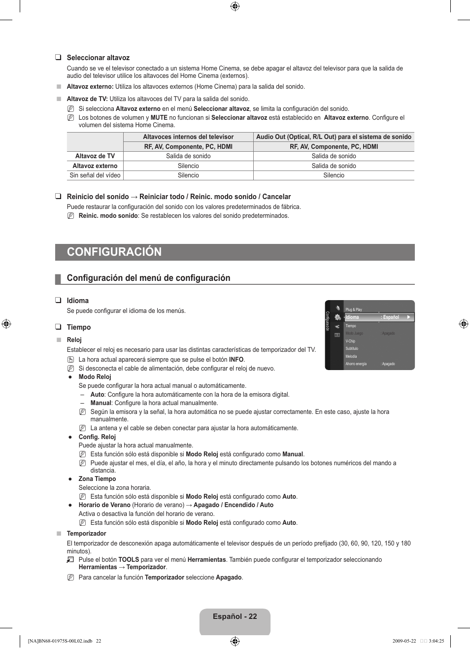 Configuración, Configuración del menú de configuración | Samsung 350 BN68 User Manual | Page 58 / 69