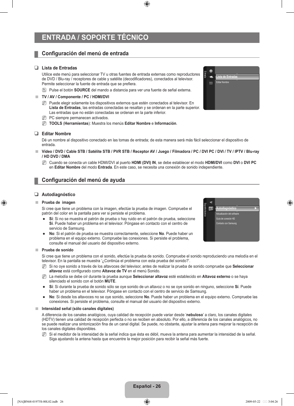 Entrada / soporte técnico, Configuración del menú de entrada, Configuración del menú de ayuda | Samsung 350 BN68 User Manual | Page 62 / 69