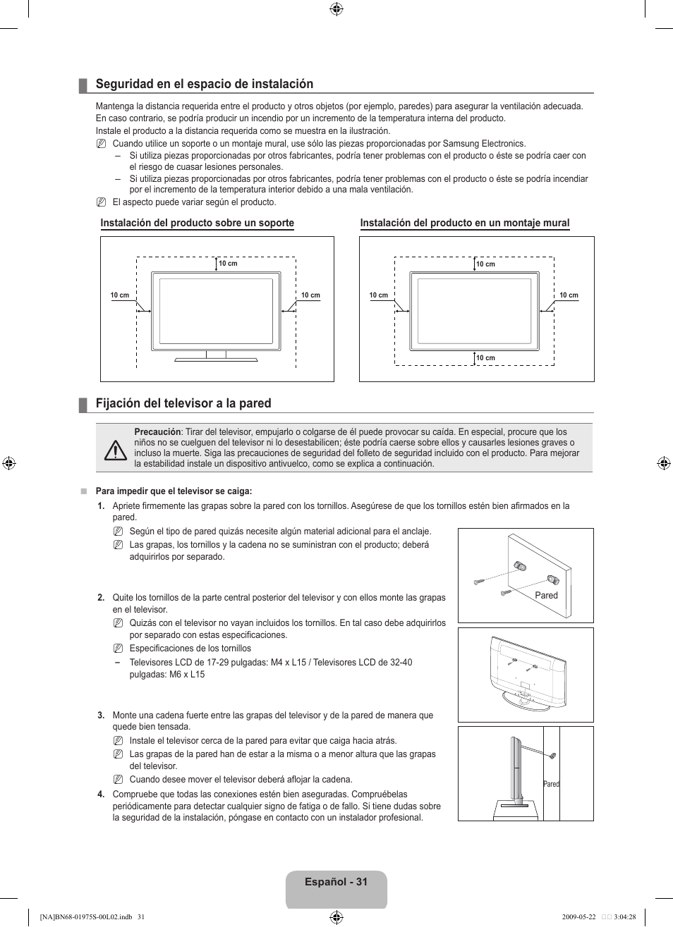 Seguridad en el espacio de instalación, Fijación del televisor a la pared | Samsung 350 BN68 User Manual | Page 67 / 69