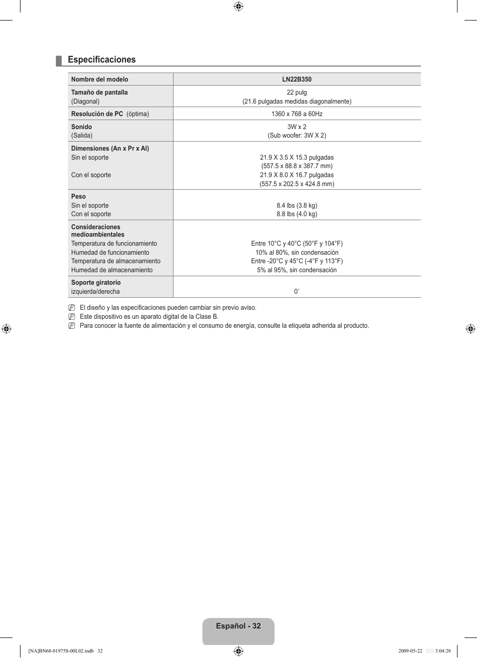 Especificaciones | Samsung 350 BN68 User Manual | Page 68 / 69