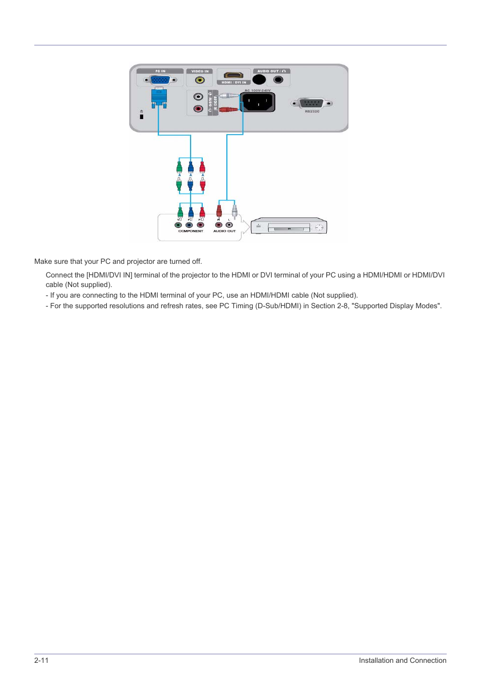 11 connecting a pc using an hdmi/dvi cable, Connecting a pc using an hdmi/dvi cable -11 | Samsung SP-M220S User Manual | Page 26 / 60