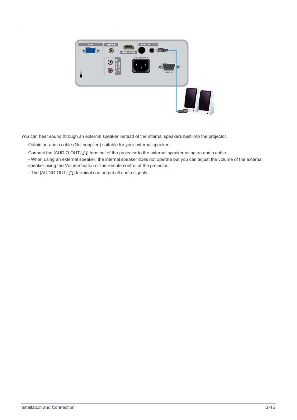 16 connecting an external speaker, Connecting an external speaker -16 | Samsung SP-M220S User Manual | Page 31 / 60