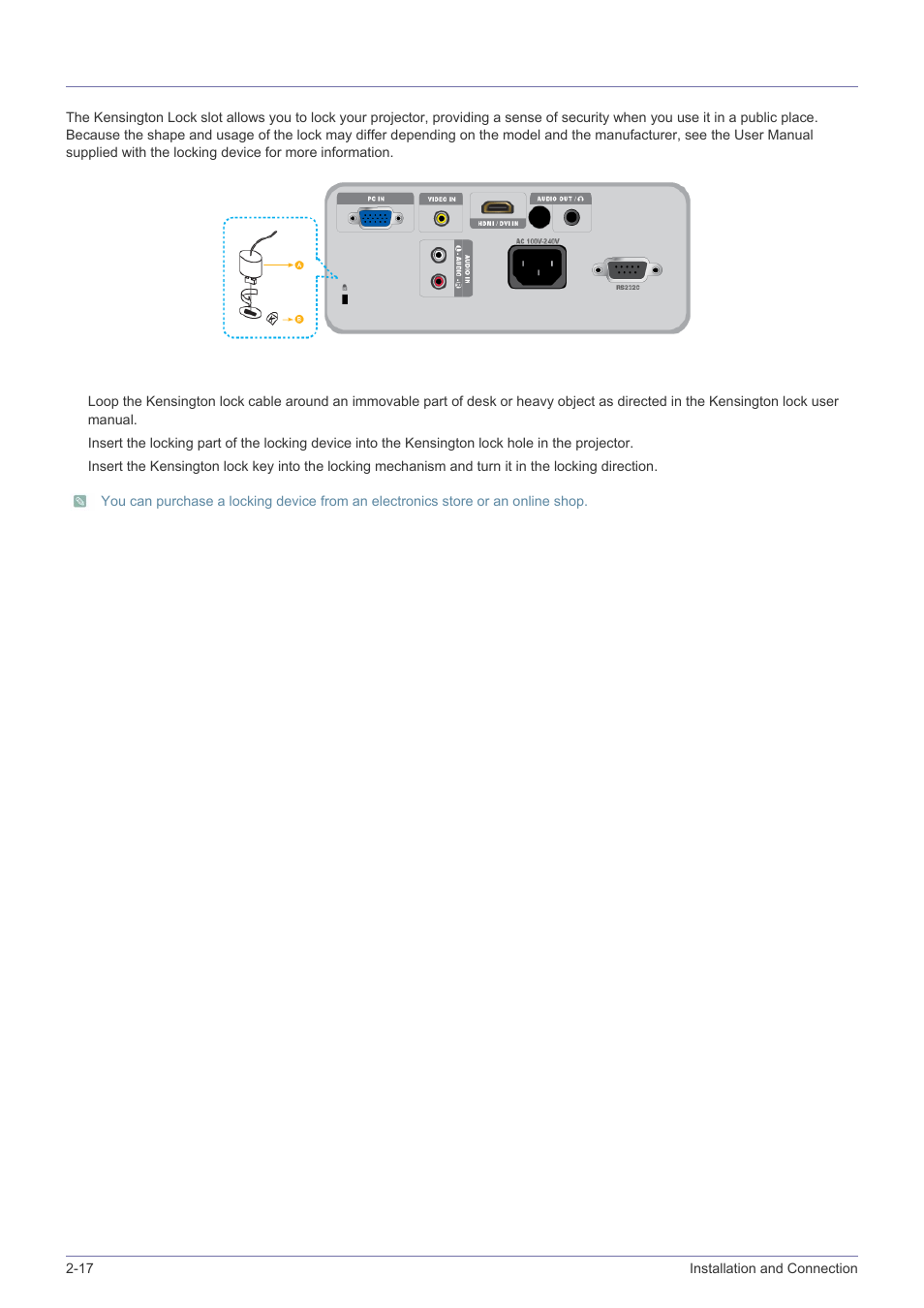 17 kensington lock slot, Kensington lock slot -17 | Samsung SP-M220S User Manual | Page 32 / 60