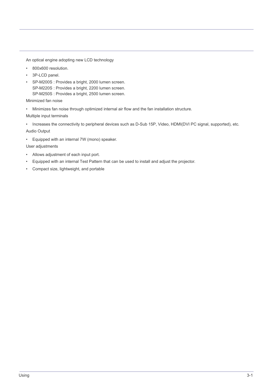 3 using, 1 product features, Using | Product features -1, 3using | Samsung SP-M220S User Manual | Page 33 / 60