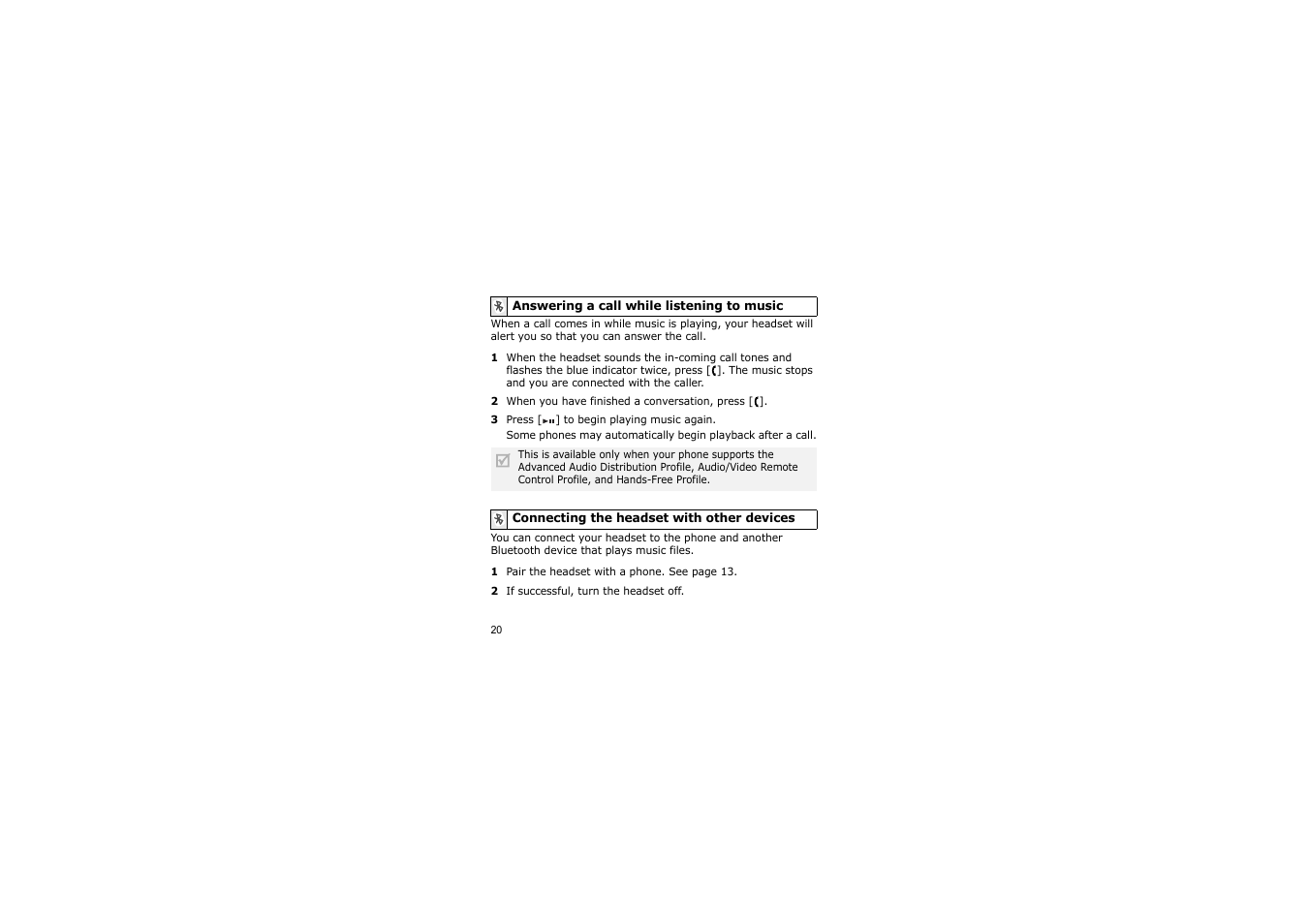 Answering a call while listening to music, 20 connecting the headset with other devices | Samsung ASBH500JRECSTA User Manual | Page 23 / 136