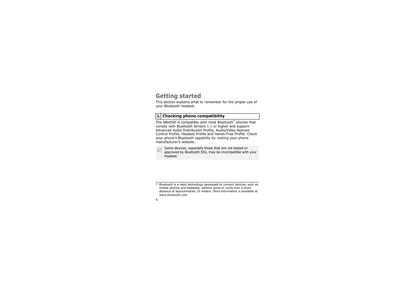 Getting started, Checking phone compatibility | Samsung ASBH500JRECSTA User Manual | Page 7 / 136