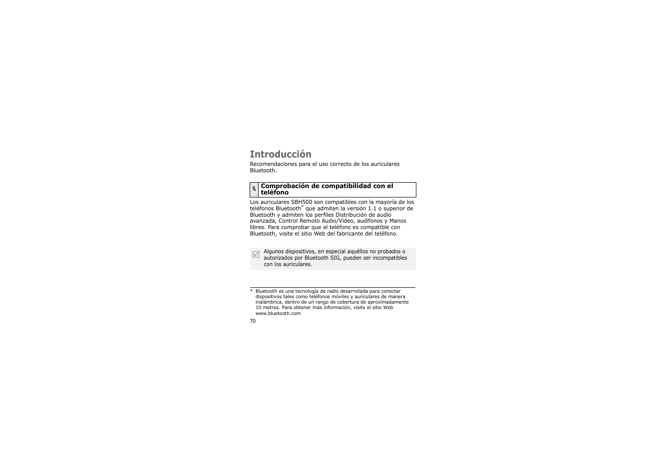 Introducción, Comprobación de compatibilidad con el teléfono | Samsung ASBH500JRECSTA User Manual | Page 73 / 136