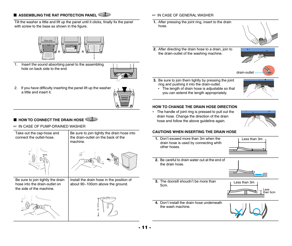 Assembling the rat protection panel, How to connect the drain hose, The doorsill shoudn’t be more than 5cm | Samsung WA80R3 User Manual | Page 11 / 14