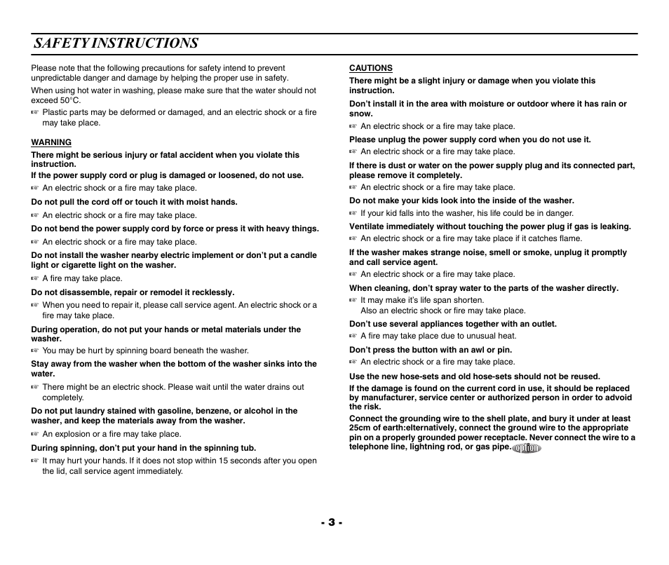 Safety instructions | Samsung WA80R3 User Manual | Page 3 / 14