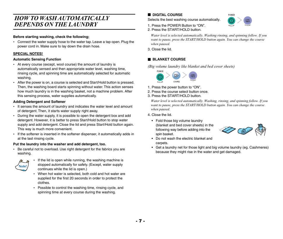 How to wash automatically depends on the laundry, Digital course, Blanket course | Samsung WA80R3 User Manual | Page 7 / 14