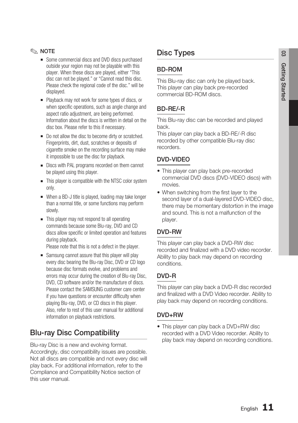 Blu-ray disc compatibility, Disc types | Samsung BDC5500/XAA User Manual | Page 11 / 68