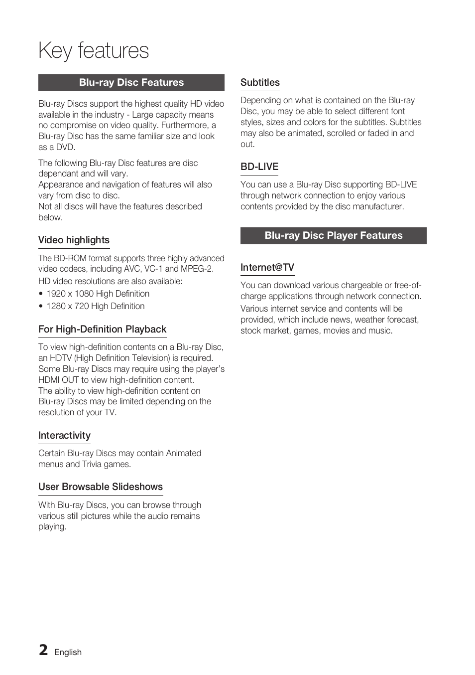 Key features, Blu-ray disc features, Blu-ray disc player features | Samsung BDC5500/XAA User Manual | Page 2 / 68