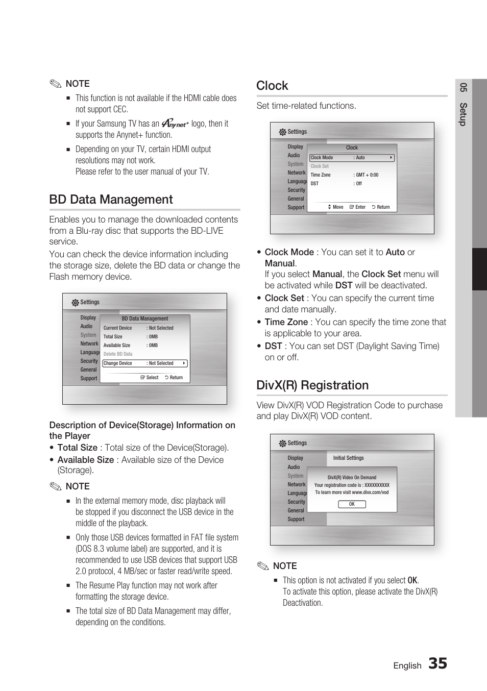 Bd data management, Clock, Divx(r) registration | Samsung BDC5500/XAA User Manual | Page 35 / 68