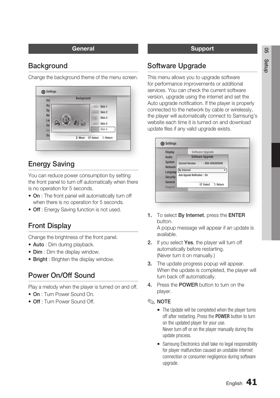 General, Background, Energy saving | Front display, Power on/off sound, Support, Software upgrade | Samsung BDC5500/XAA User Manual | Page 41 / 68