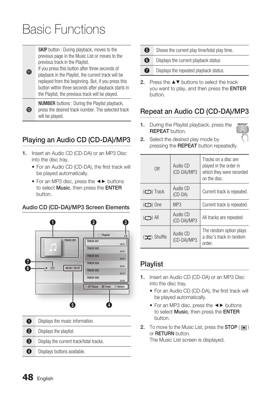 Playing an audio cd (cd-da)/mp3, Repeat an audio cd (cd-da)/mp3, Playlist | Basic functions | Samsung BDC5500/XAA User Manual | Page 48 / 68