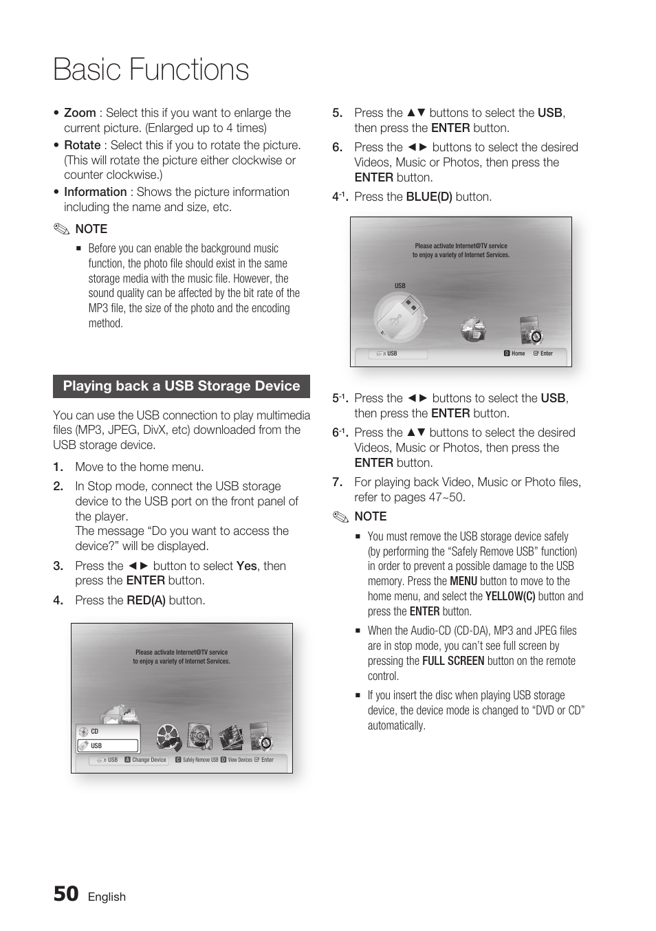 Playing back a usb storage device, Basic functions | Samsung BDC5500/XAA User Manual | Page 50 / 68