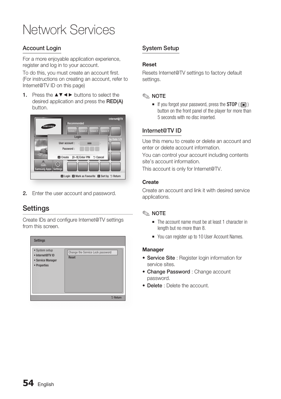 Settings, Network services, Account login | System setup, Internet@tv id | Samsung BDC5500/XAA User Manual | Page 54 / 68
