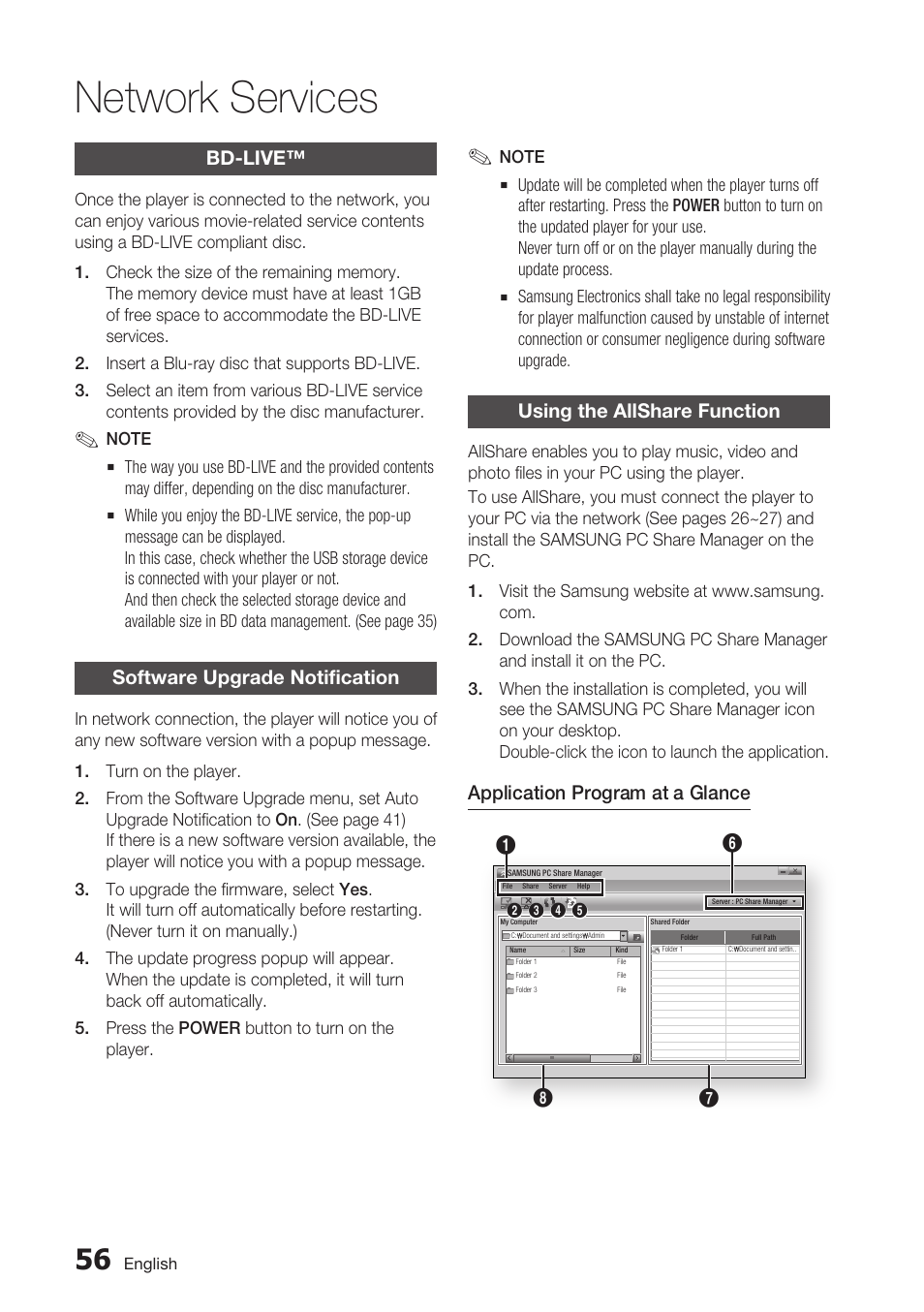 Bd-live, Software upgrade notification, Using the allshare function | Network services | Samsung BDC5500/XAA User Manual | Page 56 / 68