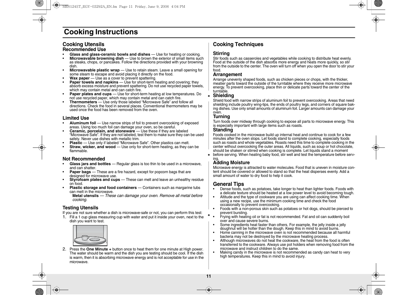 Cooking instructions | Samsung ME6124ST User Manual | Page 11 / 16