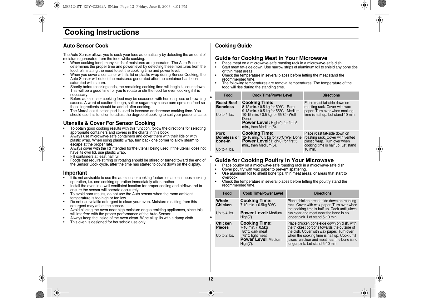 Cooking instructions | Samsung ME6124ST User Manual | Page 12 / 16
