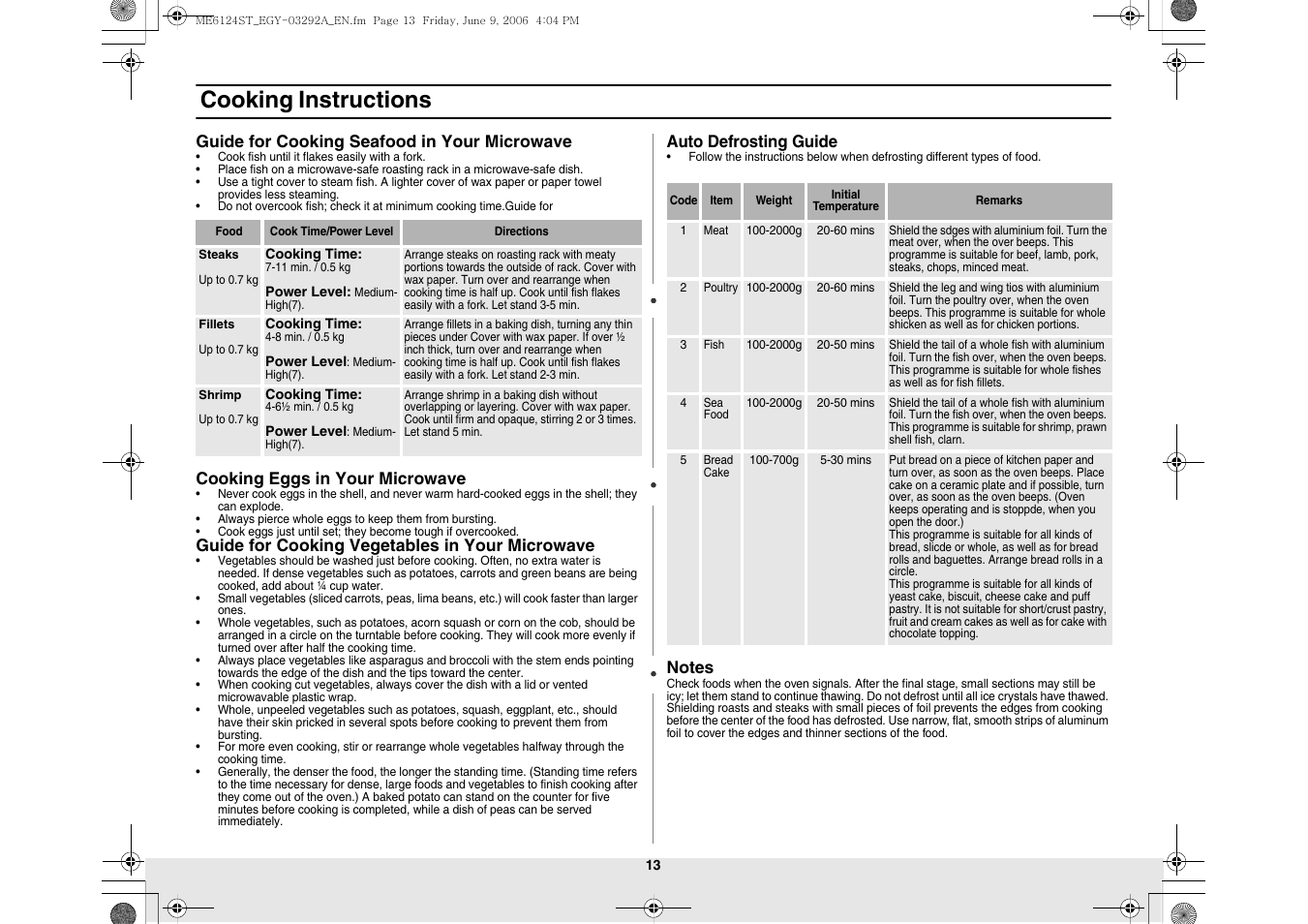 Cooking instructions | Samsung ME6124ST User Manual | Page 13 / 16