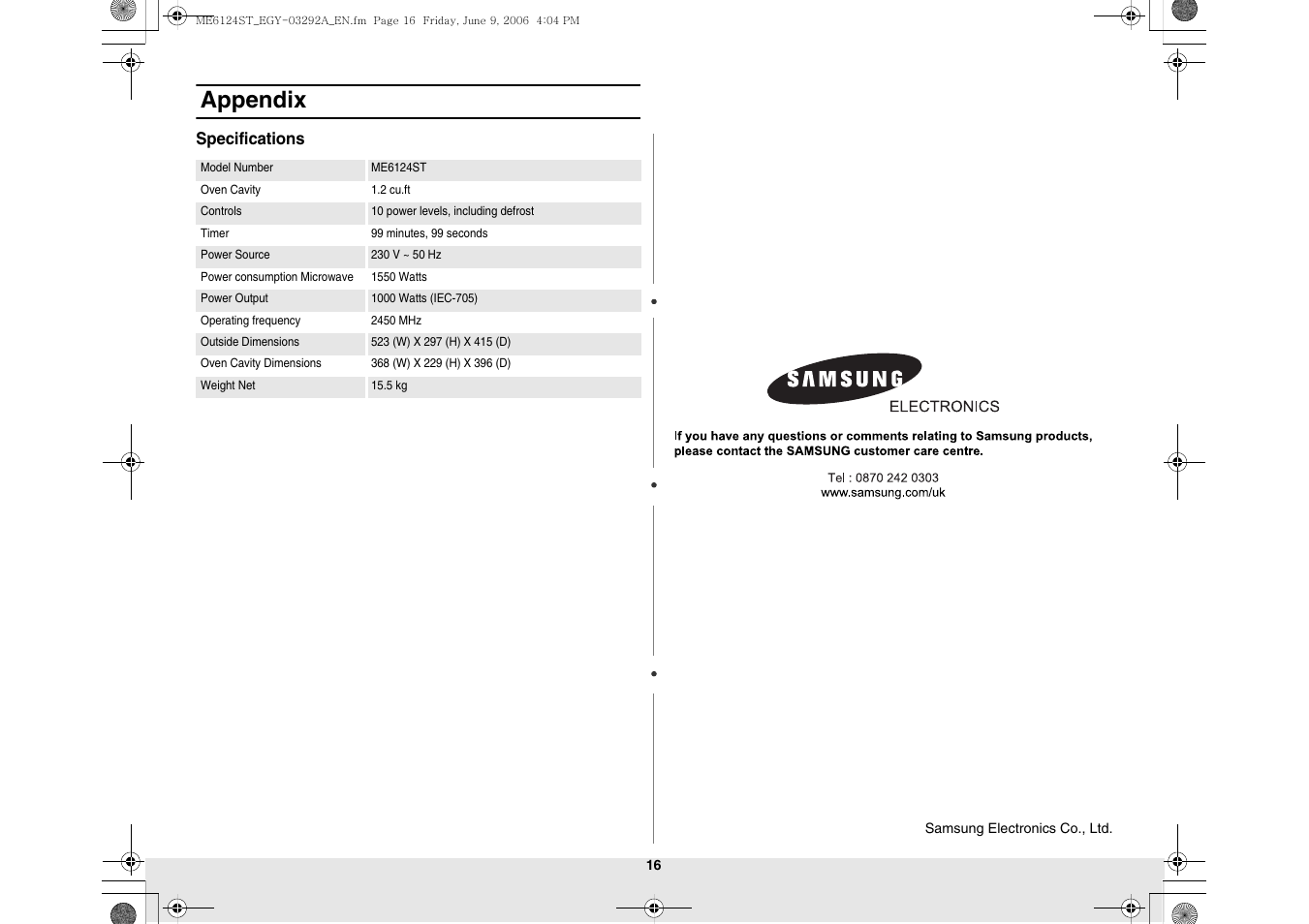 Appendix | Samsung ME6124ST User Manual | Page 16 / 16