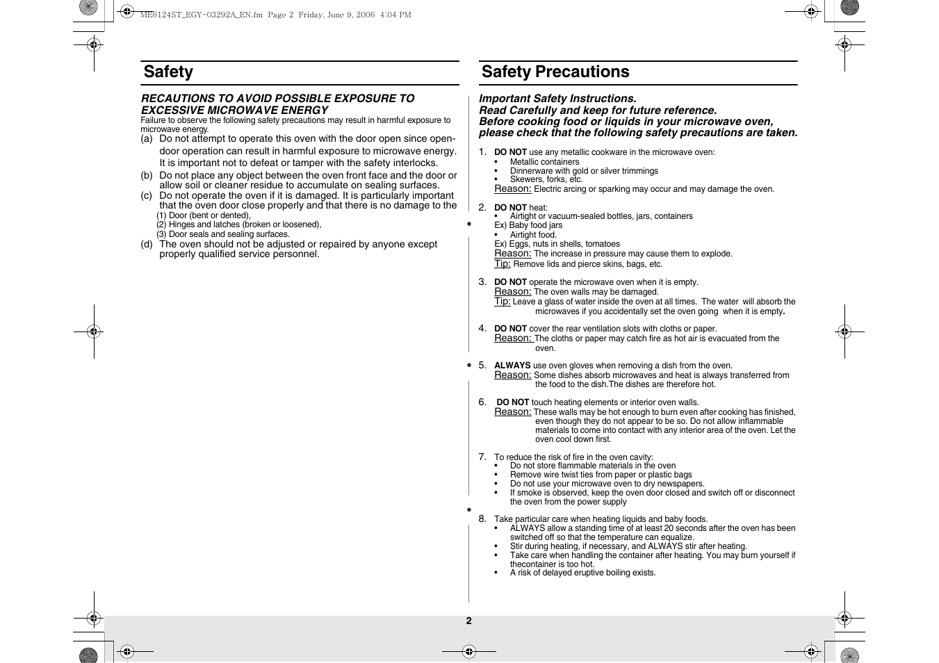 Safety, Safety precautions | Samsung ME6124ST User Manual | Page 2 / 16