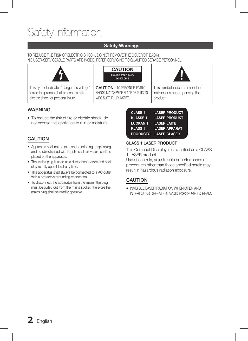 Safety information | Samsung HT-C455 User Manual | Page 2 / 41