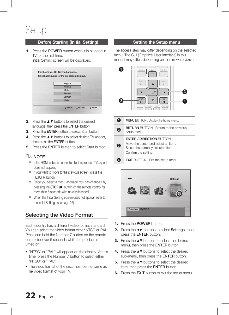 Setup, Selecting the video format, English | Before starting (initial setting), Setting the setup menu | Samsung HT-C455 User Manual | Page 22 / 41