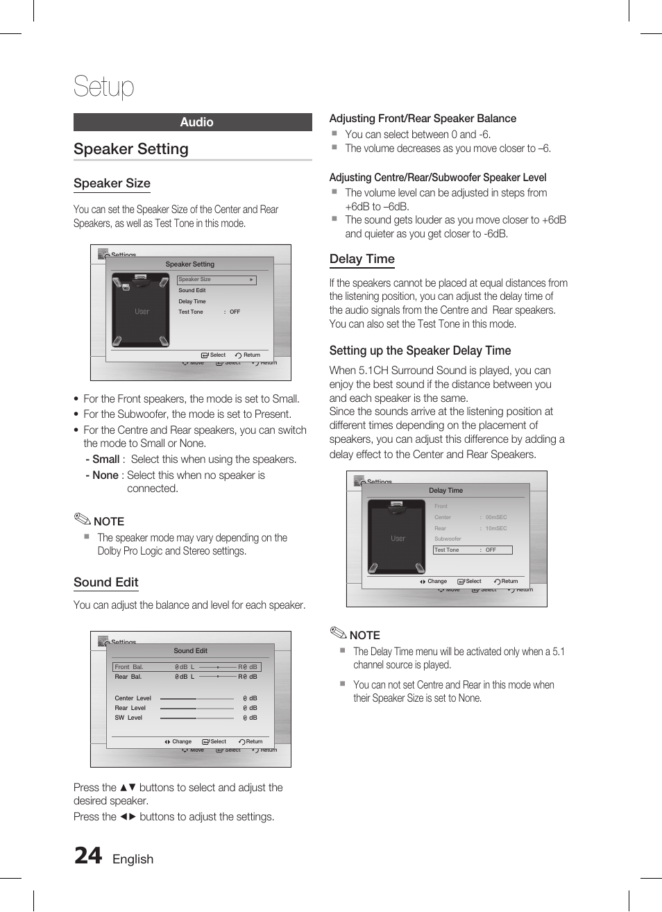 Setup, Speaker setting, English | Audio, Speaker size, Sound edit, Delay time, Setting up the speaker delay time | Samsung HT-C455 User Manual | Page 24 / 41