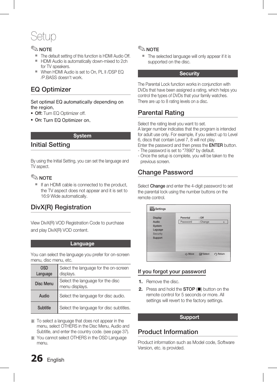 Setup, Eq optimizer, Initial setting | Divx(r) registration, Parental rating, Change password, Product information | Samsung HT-C455 User Manual | Page 26 / 41