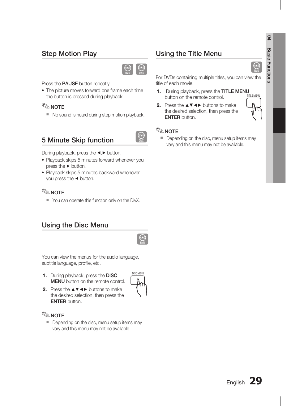 Step motion play, 5 minute skip function, Using the disc menu | Using the title menu | Samsung HT-C455 User Manual | Page 29 / 41