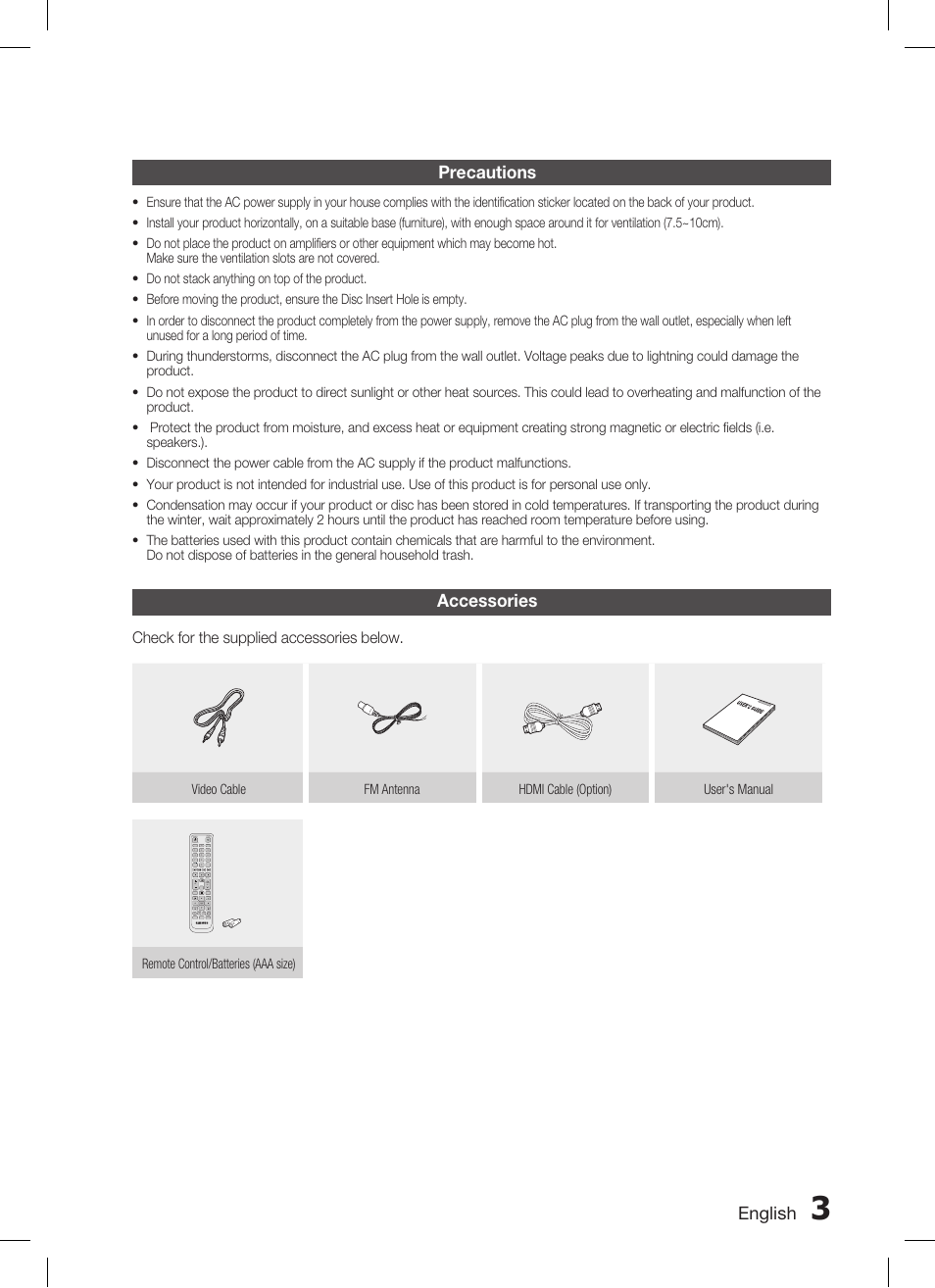 English, Accessories, Precautions | Samsung HT-C455 User Manual | Page 3 / 41