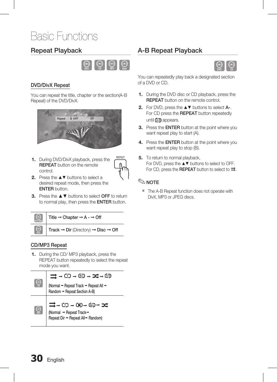 Basic functions, Repeat playback, A-b repeat playback | Samsung HT-C455 User Manual | Page 30 / 41