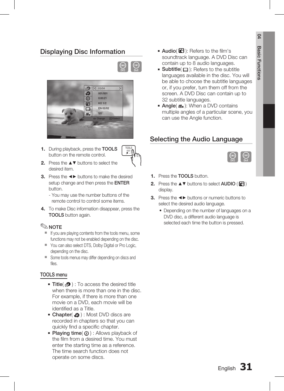 Displaying disc information, Selecting the audio language | Samsung HT-C455 User Manual | Page 31 / 41