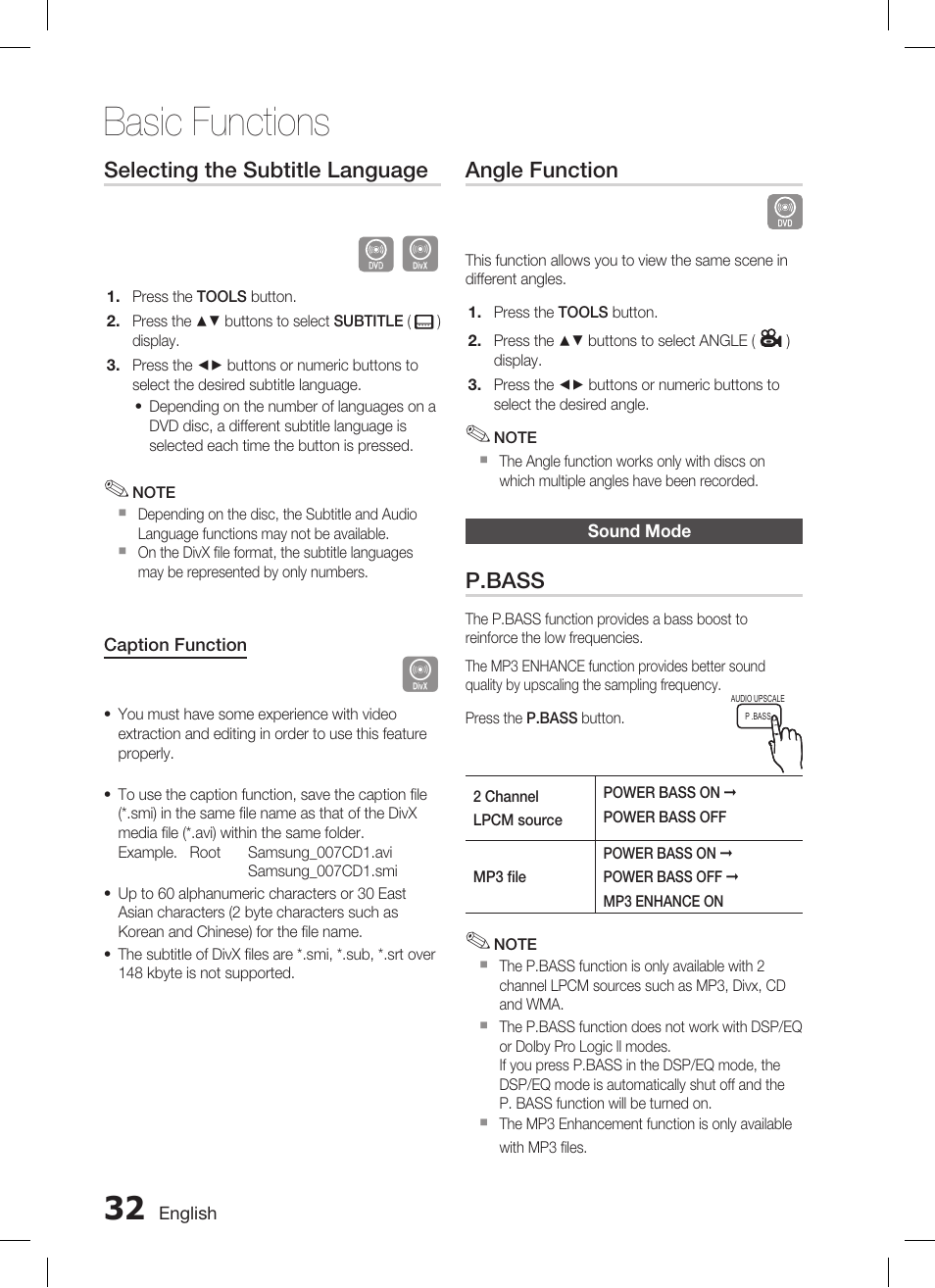 Basic functions, Selecting the subtitle language, Angle function | P.bass | Samsung HT-C455 User Manual | Page 32 / 41