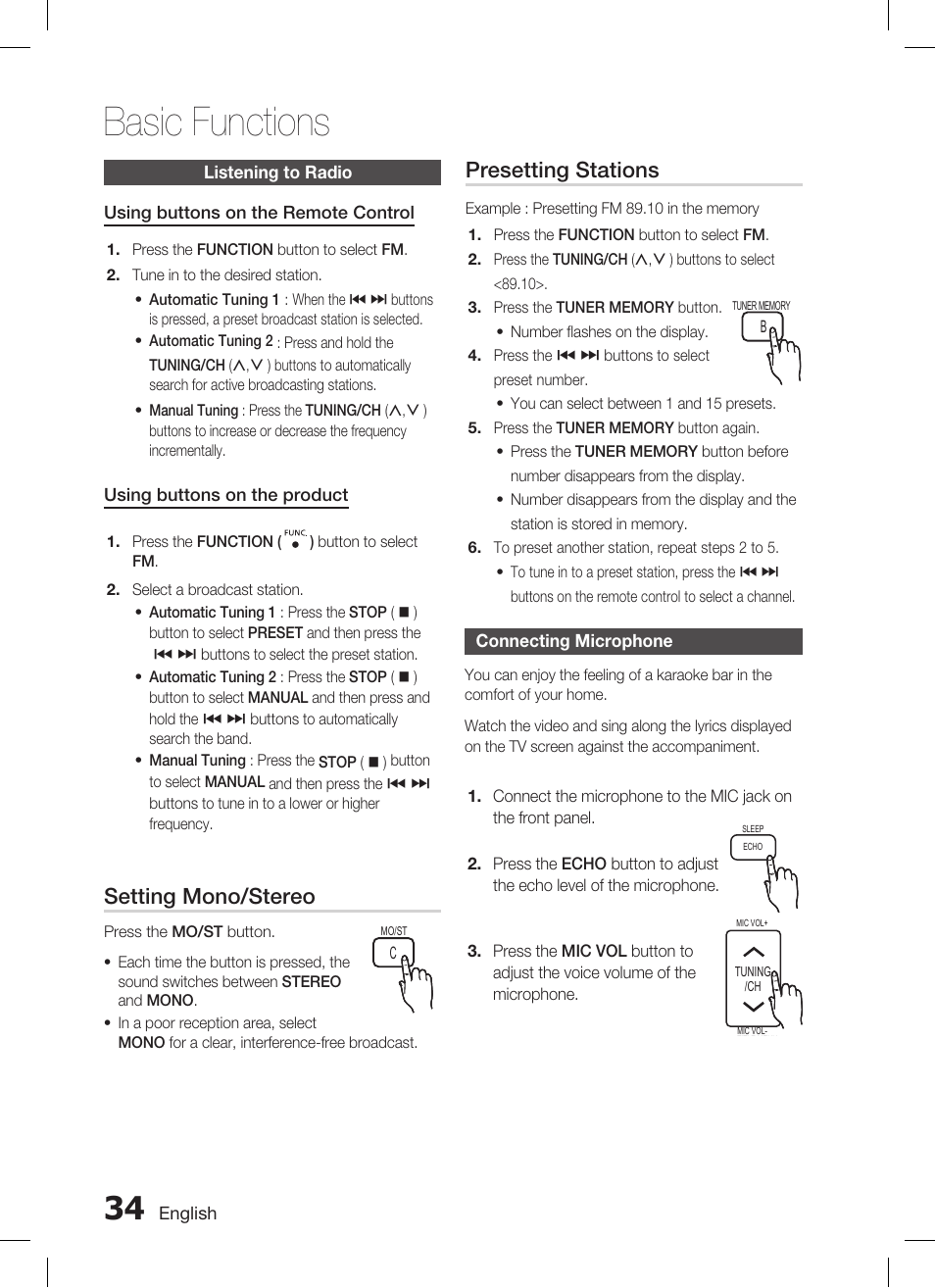 Basic functions, Setting mono/stereo, Presetting stations | Samsung HT-C455 User Manual | Page 34 / 41