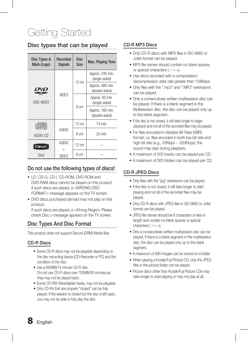 Getting started, Disc types that can be played, Do not use the following types of discs | Disc types and disc format | Samsung HT-C455 User Manual | Page 8 / 41